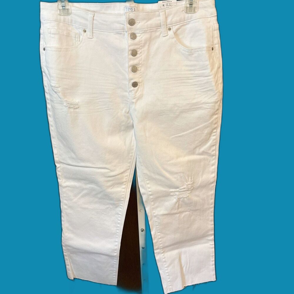 NEW Distressed High-Rise 5 Button Fly Straight Leg Raw Hem Jeans size 16 White